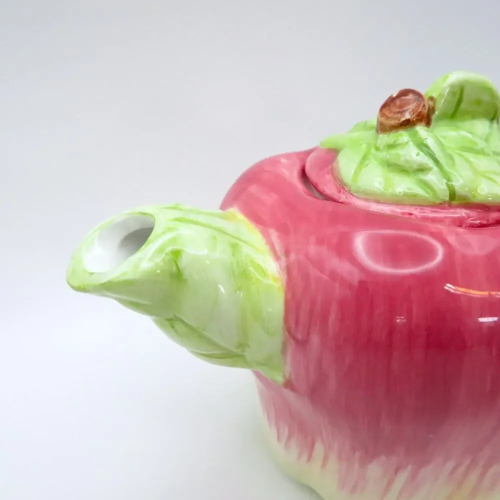 Vintage Apple Shaped Ceramic Teapot Single Serve Reddish Pink and Green 8 Oz
